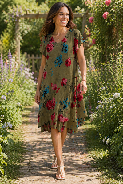 Carol Layered Rose Print Dress -Khaki