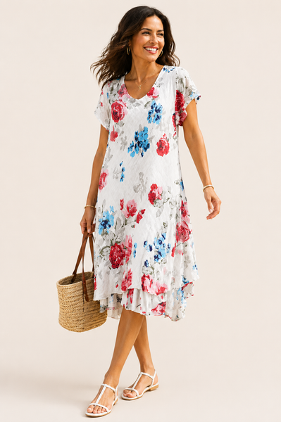Carol Layered Rose Print Dress - White