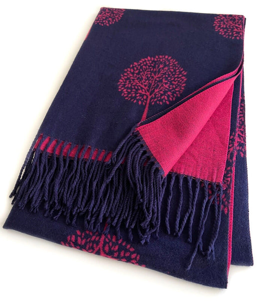 Pashmina - Mulberry Tree of Life - Navy/Pink