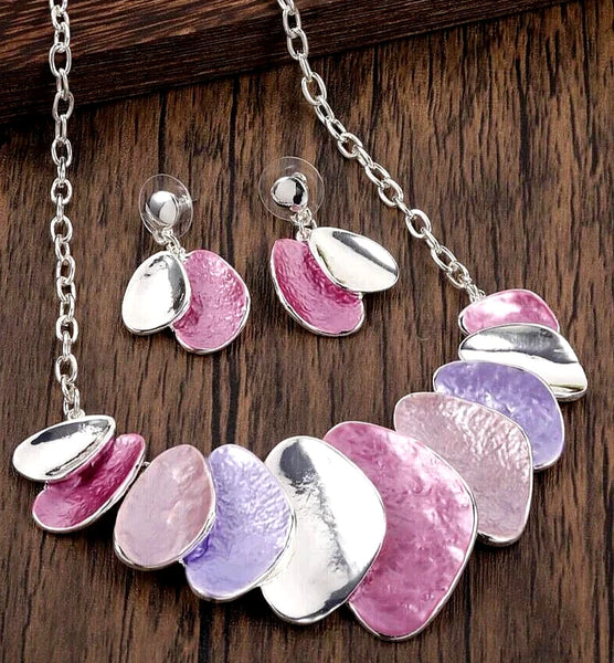 Random Petal Leaf Necklace & Matching Earrings - Multi Pinks & Blues