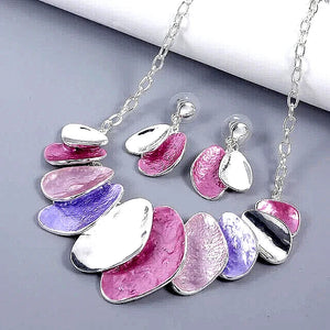 Random Petal Leaf Necklace & Matching Earrings - Multi Pinks & Blues