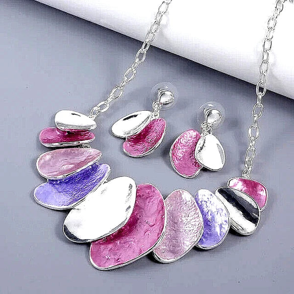 Random Petal Leaf Necklace & Matching Earrings - Multi Pinks & Blues
