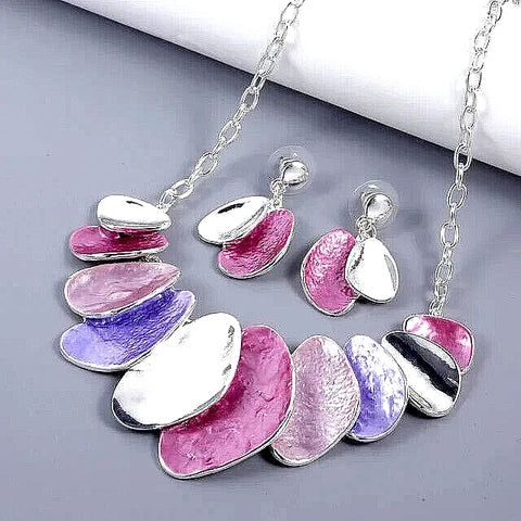 Random Petal Leaf Necklace & Matching Earrings - Multi Pinks & Blues