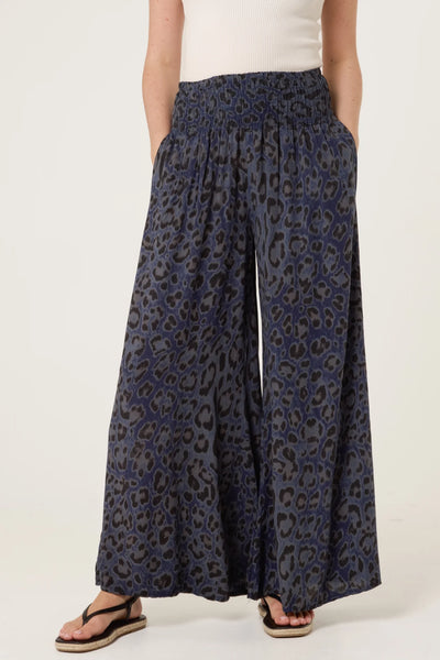 Animal Print Wide Leg Trousers - Navy