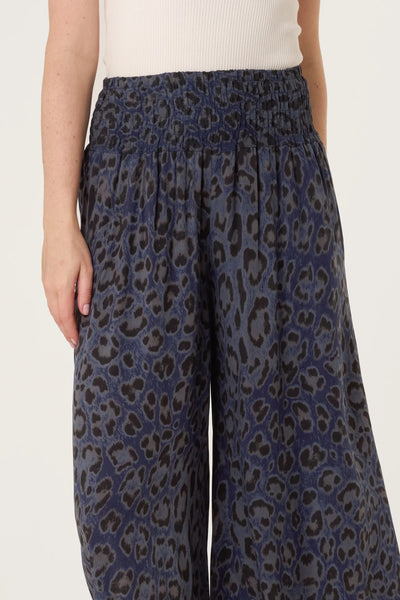 Animal Print Wide Leg Trousers - Navy