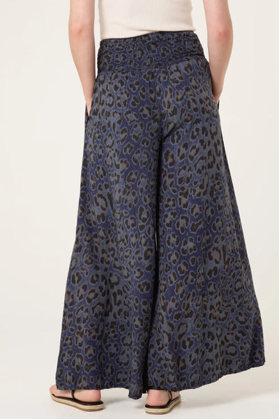 Animal Print Wide Leg Trousers - Navy