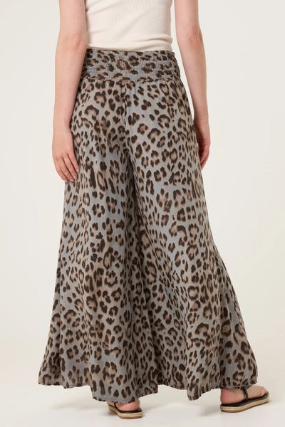 Animal Print Wide Leg Trousers - Charcoal