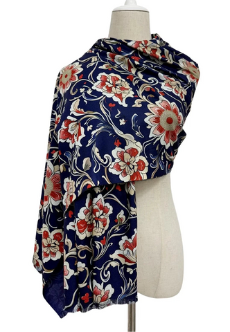 Printed William Morris Floral Scarf - Navy