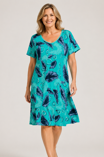 Feather Print Dress - Turquoise
