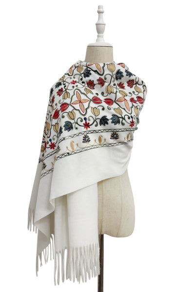 Embroidered Tulip Shawl-Scarf - Winter White/Multi