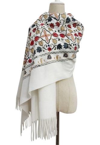 Embroidered Tulip Shawl-Scarf - Winter White/Multi