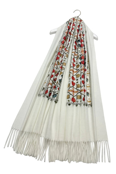 Embroidered Tulip Shawl-Scarf - Winter White/Multi