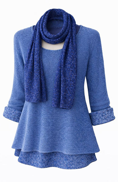 Knitted Layer Top with Scarf -  Blue