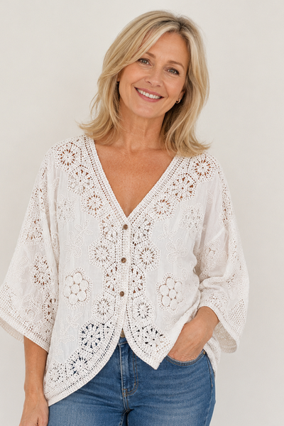 3-Button Crochet Cardi - White