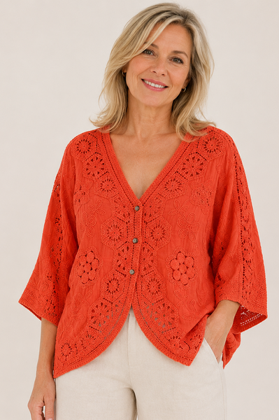 3-Button Crochet Cardi - Coral