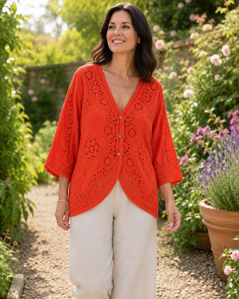 3-Button Crochet Cardi - Coral