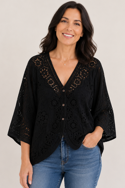 3-Button Crochet Cardi - Black
