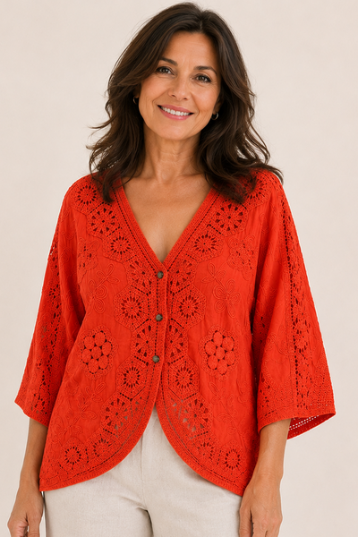 3-Button Crochet Cardi - Coral