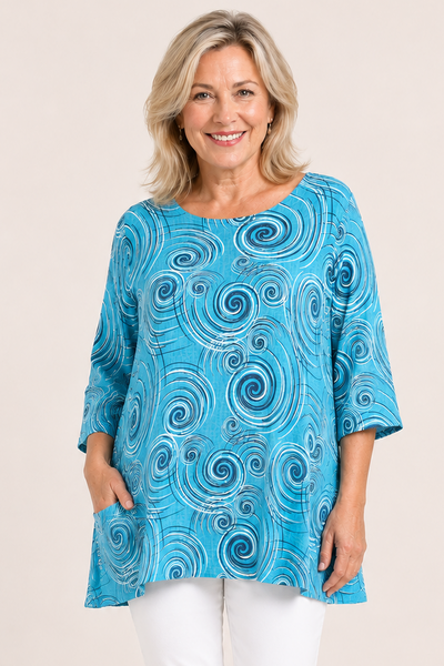 Swirl Print Top - Aqua Blue