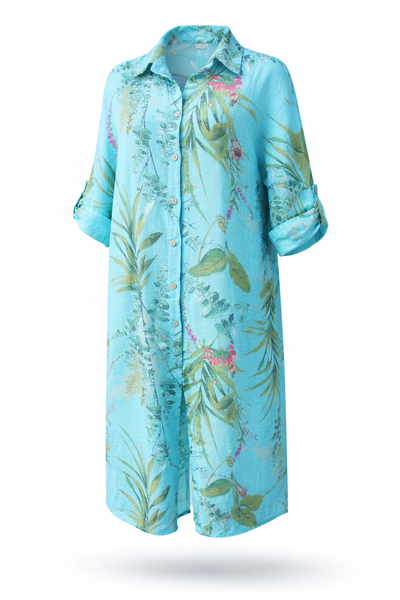 Wisteria Print Shirt Dress - Turquoise