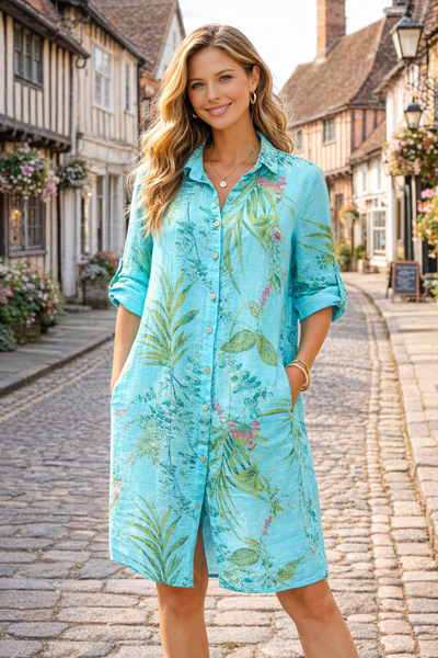 Wisteria Print Shirt Dress - Turquoise