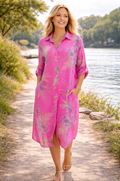 Wisteria Print Shirt Dress - Fuchsia