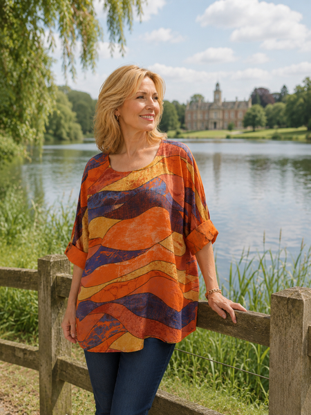Wave Print Top - Burnt Orange