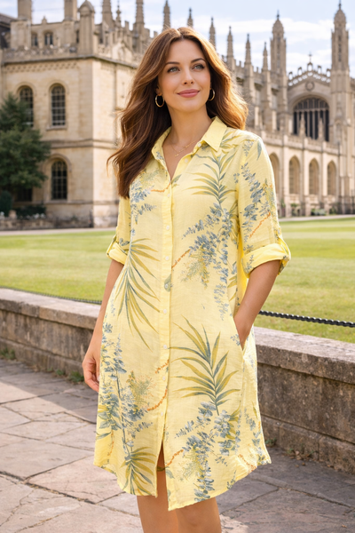 Wisteria Print Shirt Dress - Lemon