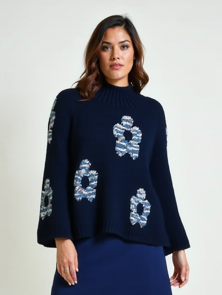 Relaxed Floral Hi-Neck Knit - Navy