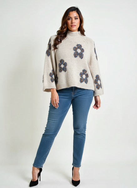 Relaxed Floral Hi-Neck Knit - Cream