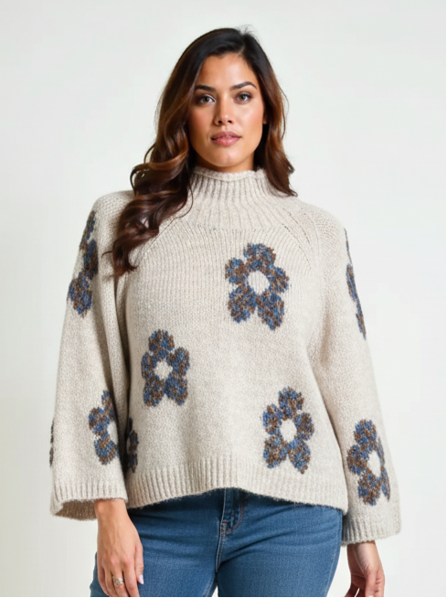 Relaxed Floral Hi-Neck Knit - Cream