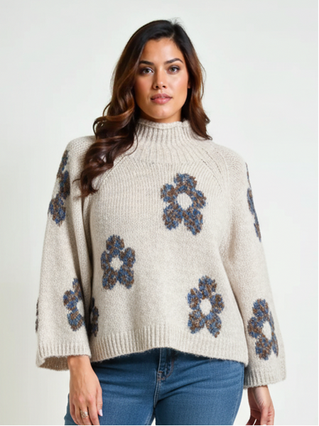Relaxed Floral Hi-Neck Knit - Cream