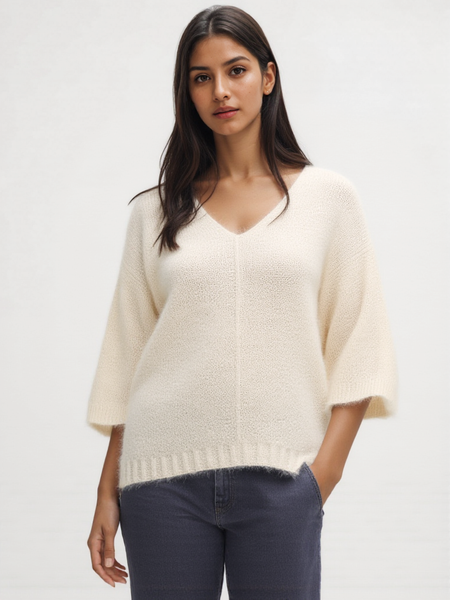 Fluffy V-Neck Knit - Winter White