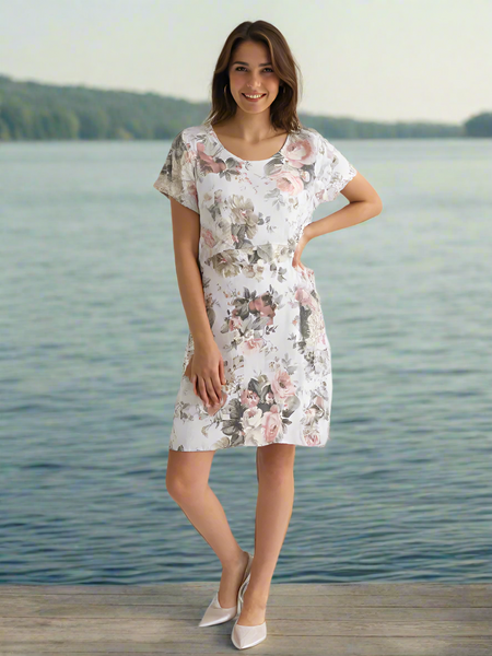 Floral Linen Shift Dress - White