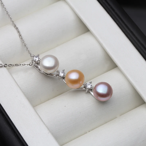 925 Silver Triple Pearl Pendant - White/Orange/Pink