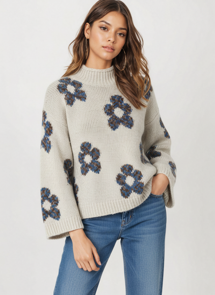 Relaxed Floral Hi-Neck Knit - Cream