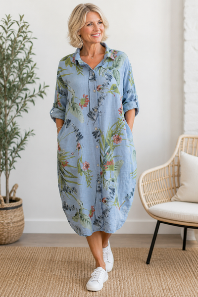 Wisteria Print Shirt Dress - Light Blue