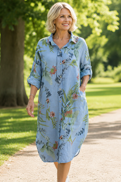 Wisteria Print Shirt Dress - Light Blue