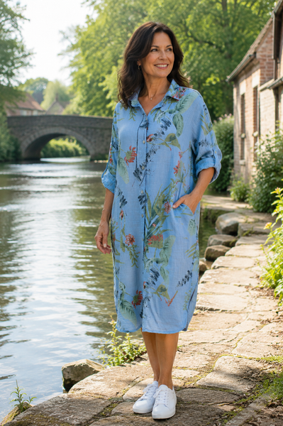 Wisteria Print Shirt Dress - Light Blue