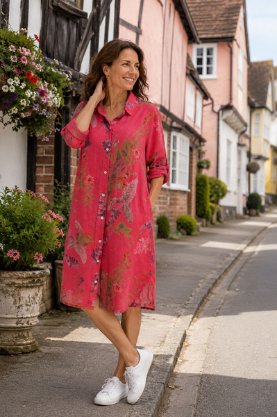 Wisteria Print Shirt Dress - Coral