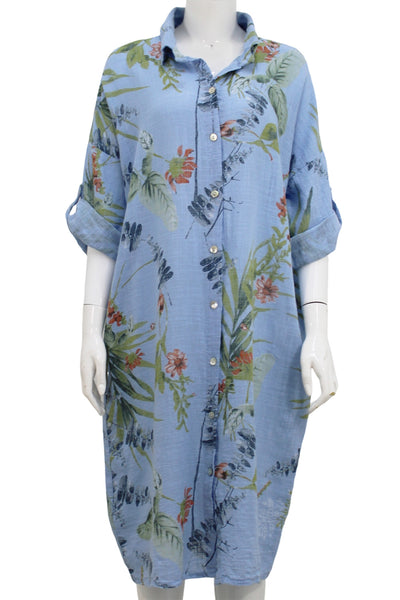Wisteria Print Shirt Dress - Light Blue