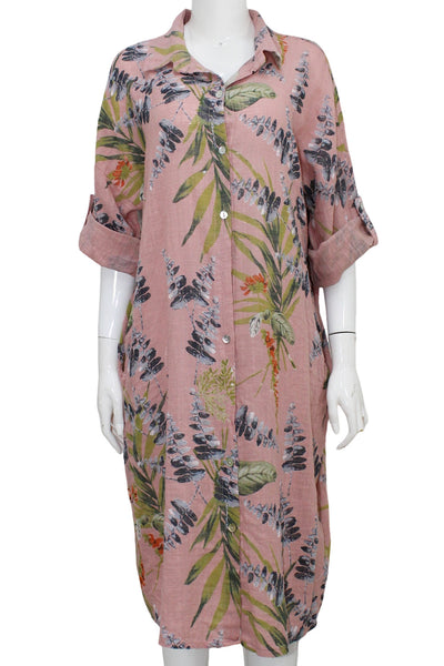 Wisteria Print Shirt Dress - Pink