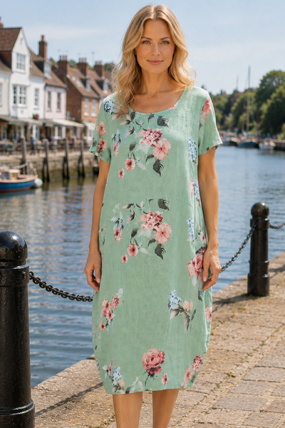 Summer Flowers Linen Shift Dress  - Mint