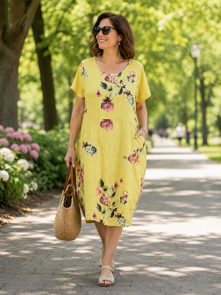 Summer Flowers Linen Shift Dress  - Lemon