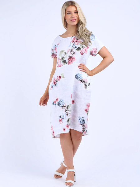 Summer Flowers Linen Shift Dress - White