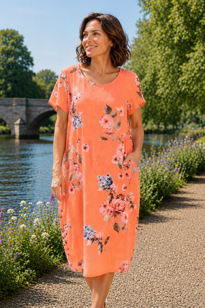 Summer Flowers Linen Shift Dress  - Coral