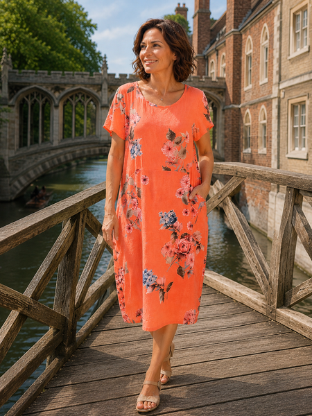 Summer Flowers Linen Shift Dress  - Coral