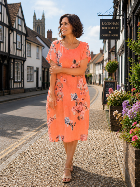Summer Flowers Linen Shift Dress  - Coral