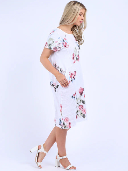Summer Flowers Linen Shift Dress - White