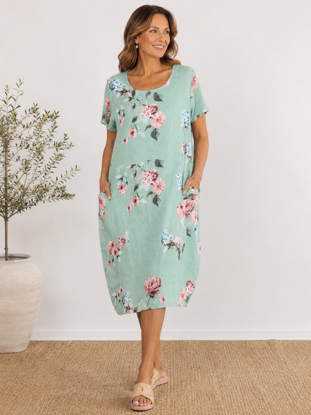 Summer Flowers Linen Shift Dress  - Mint